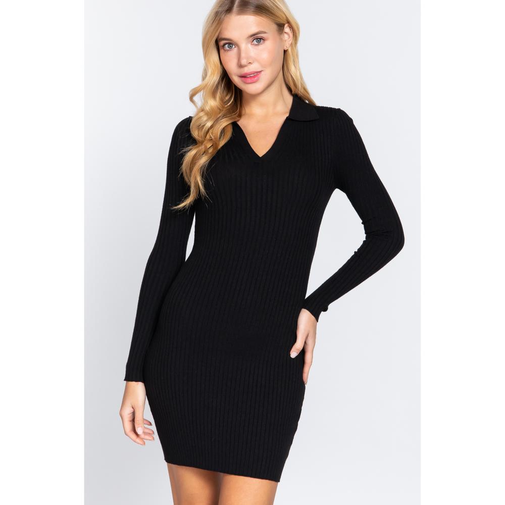 Long Slv V-neck Sweater Rib Mini Dress - Picture 1 of 7